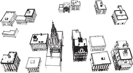 Fototapeta premium Set of city buildings. Line urban backdrop, different buildings on street, doodle street draw, outline cityscape hand sketch, flat houses. Hand drawn vector illustration