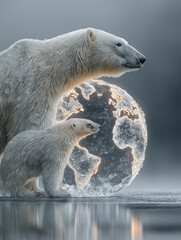 Polar Bear family stands near globe: A majestic polar bear mother and her cub stand near the cracked globe in fading ice water.