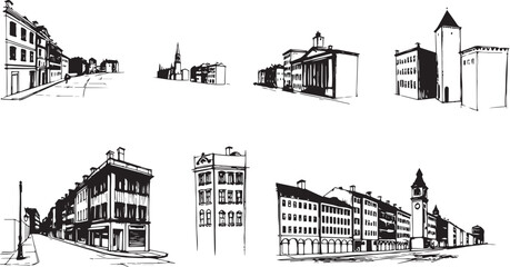 Set of city buildings. Line urban backdrop, different buildings on street, doodle street draw, outline cityscape hand sketch, flat houses. Hand drawn vector illustration