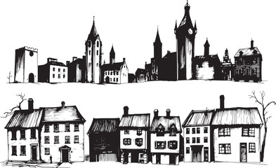 Naklejka premium Set of city buildings. Line urban backdrop, different buildings on street, doodle street draw, outline cityscape hand sketch, flat houses. Hand drawn vector illustration