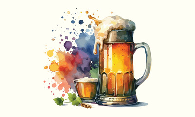 beer mug, free drink, watercolor mugs of beer