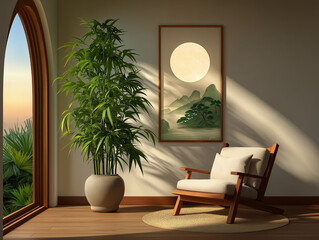 Serene Interior: An inviting indoor space designed with a neutral color palette, featuring a large potted plant, a cozy armchair, and an artistic mountain painting, embodying tranquility and serenity.