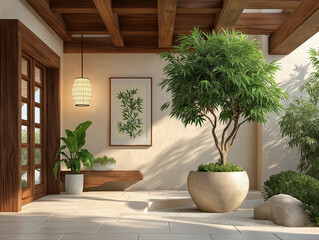 Zen Garden Oasis: A tranquil outdoor space with a tree in a large pot, creating a serene sanctuary of calm and harmony, exuding a sense of peace.