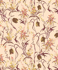 Tropical sunset seamless pattern with silhouettes of palm trees. Red summer vacation print with background of the setting sun, jungle plant Hand-drawn textile design, wallpaper in collage style Vector