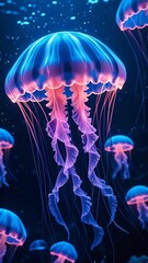 Many jellyfish appear together under the water in neon pink and blue colours