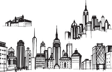 Obraz premium Set of city buildings. Line urban backdrop, different buildings on street, doodle street draw, outline cityscape hand sketch, flat houses. Hand drawn vector illustration