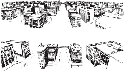 Obraz premium Set of city buildings. Line urban backdrop, different buildings on street, doodle street draw, outline cityscape hand sketch, flat houses. Hand drawn vector illustration