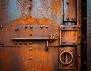 Fototapeta premium rusty metal door with rivets and a latch industrial background with textured surface