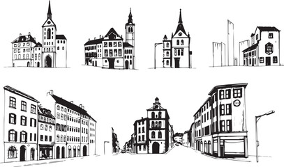 Obraz premium Set of city buildings. Line urban backdrop, different buildings on street, doodle street draw, outline cityscape hand sketch, flat houses. Hand drawn vector illustration