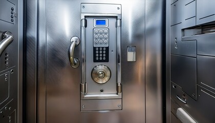 close up of a stainless steel vault door with a digital keypad and a large handle the door is secured with multiple locks and appears to be very secure