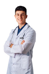 Young Male Doctor Standing Confidently With Arms Crossed in a Medical Coat