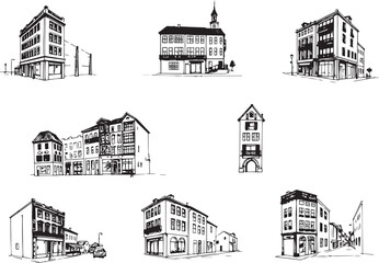 Set of city buildings. Line urban backdrop, different buildings on street, doodle street draw, outline cityscape hand sketch, flat houses. Hand drawn vector illustration
