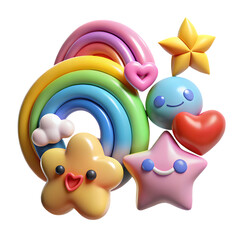 Obraz premium Set of groovy colorful stickers. Stars, heart, smile, cloud, rainbow. Inflated elements with plasticine effect. 3d rendering illustration