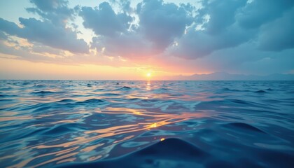 Obraz premium Breathtaking sunset over tranquil ocean waves seaside nature photography serene environment wide angle calmness and beauty