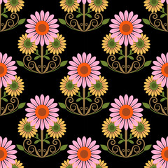 flower pattern seamless, silhouette of hibiscus flowers, hand drawn botanical. Ethnic Ikat floral seamless pattern. Embroidery , floral vintage pattern.
