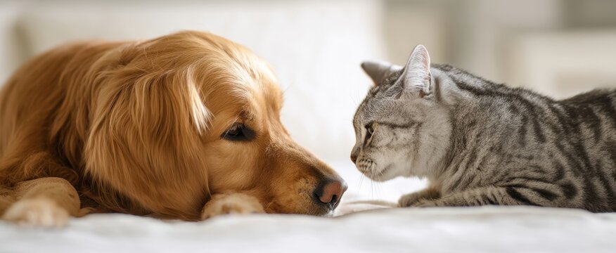 The golden retriever and gray cat share a touching moment of friendship.