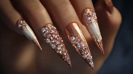Close-up of Sparkling Nail Art with Glittering Decorations