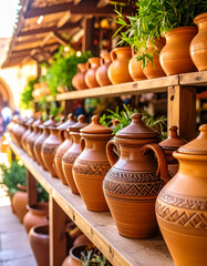 Jordanian olive oil clay jars arranged carefully in a fruit market on wooden shelves near local herbs.