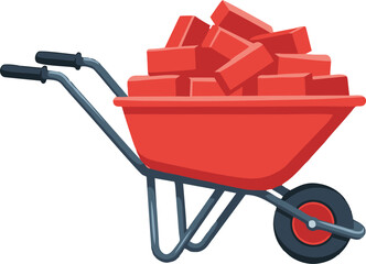 Red Wheelbarrow Overloaded with Bricks, Ready for Construction Work