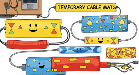 Whimsical Temporary Cable Mats with Smiling Faces and Geometric Decorations.