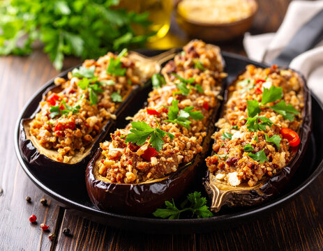 Jordanian makdous eggplant dish stuffed with walnuts and garlic, garnished with olive oil and peppers.