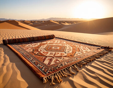 A traditional "sadu" woven rug with geometric patterns, lying on a desert floor, symbolizing Bedouin artistry. - Powered by Adobe