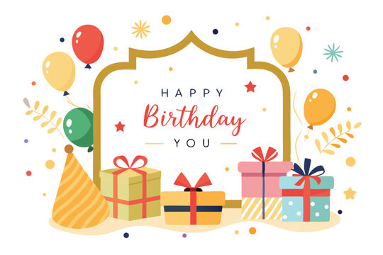 Happy birthday celebration card with fun gift boxes, balloons, and sweet cake illustrations