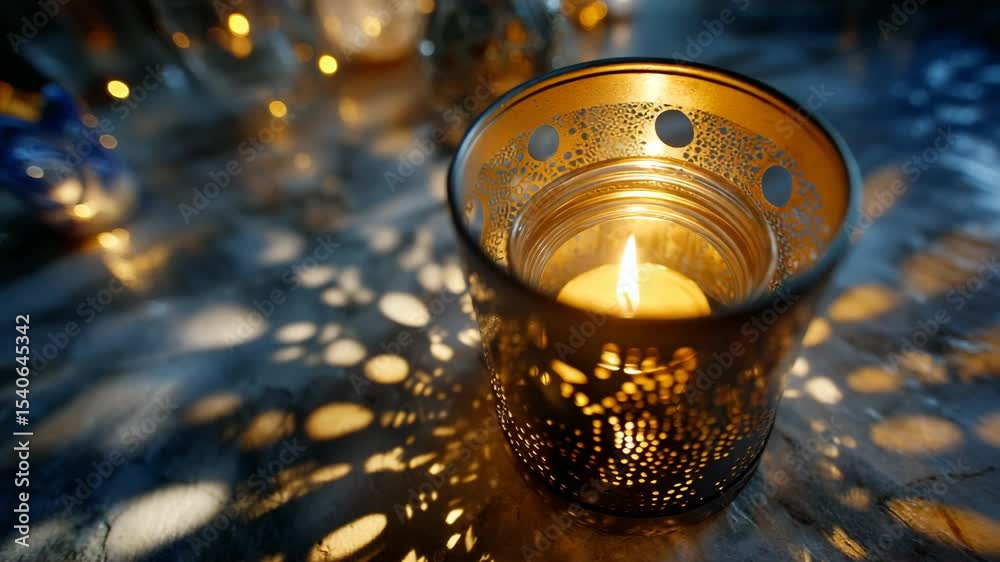 Aufkleber Close-up of an intricately designed candle holder casting intricate shadows on the table, creating a warm and inviting atmosphere for festive gatherings during Ramadan. 