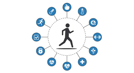 A figure running surrounded by health icons isolated on white background