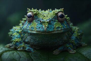 Vietnamese mossy frog : Ultimate close up of camouflaged animal shows textured frog blending perfectly with green leaf in natural habitat