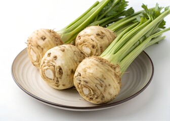 Whole Celeriac Vegetables on Plate Real Photo White Background