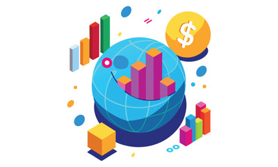 Global business growth and financial success isometric illustration isolated on white background