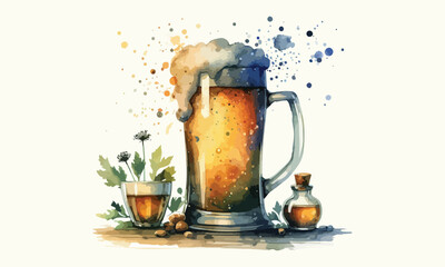 free drink, watercolor mugs of beer