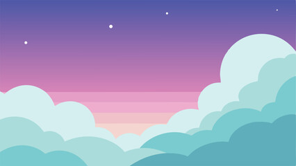 Fototapeta premium Cartoon cloudscape illustration with gradient sky and stars for creative designs