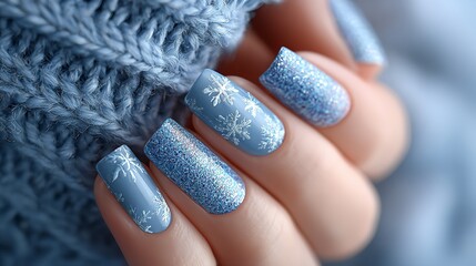 Close-up of Hand with Blue and White Snowflake Nail Art