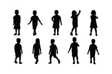 Silhouettes of Children Standing and Playing in Various Poses on White Background