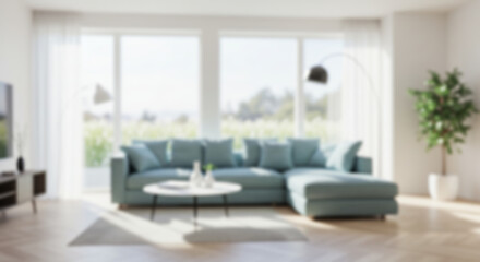Blurred Modern Living Room Interior Design Luxurious Sectional Sofa, Large Windows, and Natural Light Background