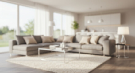 Blurred Modern Living Room Design Cozy Neutral Tones, Natural Light, and Open Concept Space Background