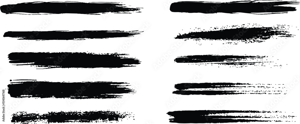 Poster horizontal black brush lines of differing thicknesses, isolated on a white background. set of grunge