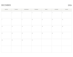 DECEMBER 2026 Letter Size MONDAY Week Start Monthly Calendar, Minimalist Printable Calendar