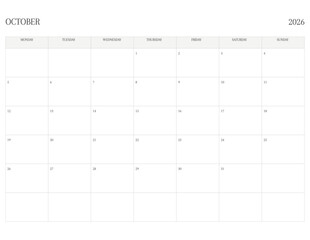 OCTOBER 2026 Letter Size MONDAY Week Start Monthly Calendar, Minimalist Printable Calendar