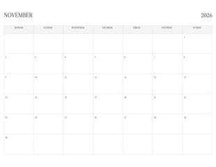 NOVEMBER 2026 Letter Size MONDAY Week Start Monthly Calendar, Minimalist Printable Calendar
