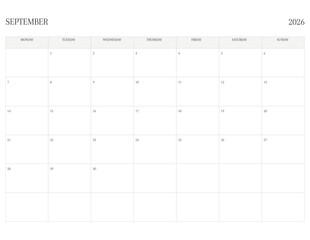 SEPTEMBER 2026 Letter Size MONDAY Week Start Monthly Calendar, Minimalist Printable Calendar