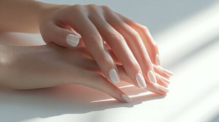 French bridal white manicure with pink glittery stripe and shiny little finger on long square nails close-up on a white background holding a pink rose.