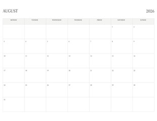 AUGUST 2026 Letter Size MONDAY Week Start Monthly Calendar, Minimalist Printable Calendar
