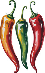 Watercolor Illustration of Three Chili Peppers in Red Green and Yellow. Chili Pepper Vector