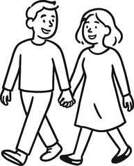 Minimalist Line Art Couple Walking Hand in Hand with Smiles