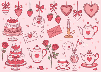 Romantic hand drawn Valentine's Day pattern with cakes, hearts, roses, love letters, teapots, candles, strawberries, envelopes, and decorations