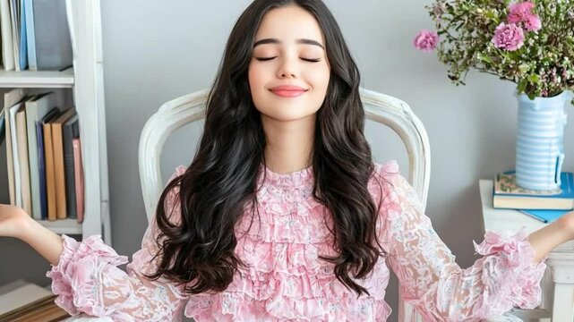 Young Woman in Relaxed Pose with Closed Eyes Enjoying Peaceful Moment in Bright Indoor Setting