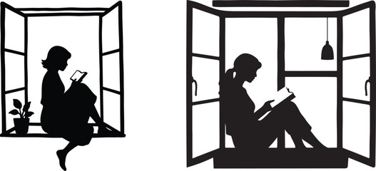 Two women reading in windows, peaceful silhouette